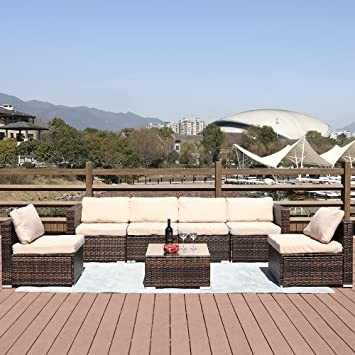 VANCIKI Garden Furniture Set of 7, Tempered Glass Coffee Table Rattan Woven Wicker Chair Sectional Sofa with Cushion Outdoor Conversation Set for Lawn, Garden, Beach, Poolside and Balcony