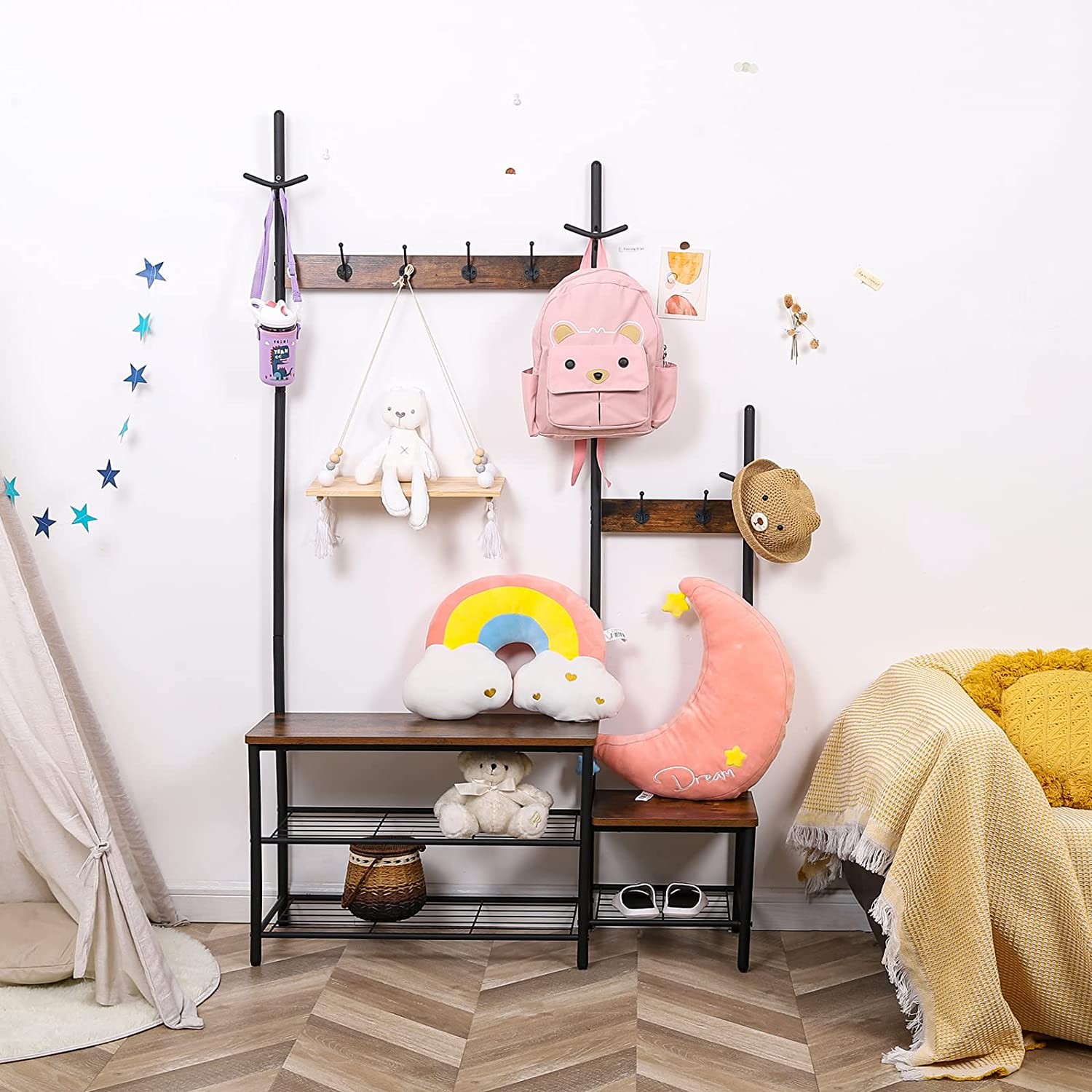 1+1 Hall Tree Coat Rack, Sturdy Parent-Child Entryway Bench and Shoe Rack Storage, 3-in-1 Functional Hall Tree Industrial Rustic Wood Metal Furniture for