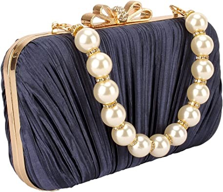 Satin Clutch Evening Bag Diamond Pleated Purse Pearl Tote Bridal Wedding Porm